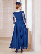 Robe en Dentelle et Mousseline Longueur au Sol à Col en V Bleu Marine Clair