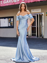 Robe de Soirée en Satin Extensible Hors de l' Épaule Bleu Poudré