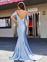 Robe de Soirée en Satin Extensible Hors de l' Épaule Bleu Poudré