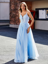 Robe de Soirée en Tulle Appliquée Florale à Col en V Bleu Ciel