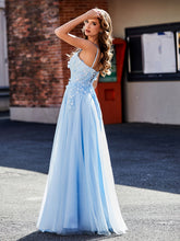 Robe de Soirée en Tulle Appliquée Florale à Col en V Bleu Ciel