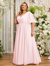 A-ligne Col en V Robes Maxi en Tulle avec Dos en V Profond Rose Pâle Grande Taille
