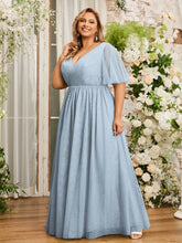 A-ligne Col en V Robes Maxi en Tulle avec Dos en V Profond Bleu Poudré Grande Taille