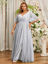 A-ligne Col en V Robes Maxi en Tulle avec Dos en V Profond Argent Grande Taille