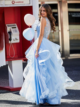 Robe de Soirée en Tulle à Col en V Longueur au Sol Bleu Ciel