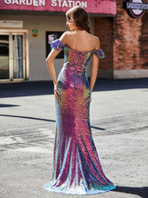 Robe de Soirée Fourreau en Paillettes Hors de l'Épaule Raisin