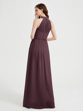 Col Haut Mousseline Robes Avec Fente Et Ceinture Nœud Cabernet