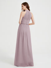 Col Haut Mousseline Robes Avec Fente Et Ceinture Nœud Dusk