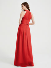 Col Haut Mousseline Robes Avec Fente Et Ceinture Nœud Rouge