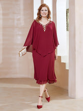 Robe Fourreau en Mousseline à Col en V Longueur de Mollet Bordeaux Grande Taille