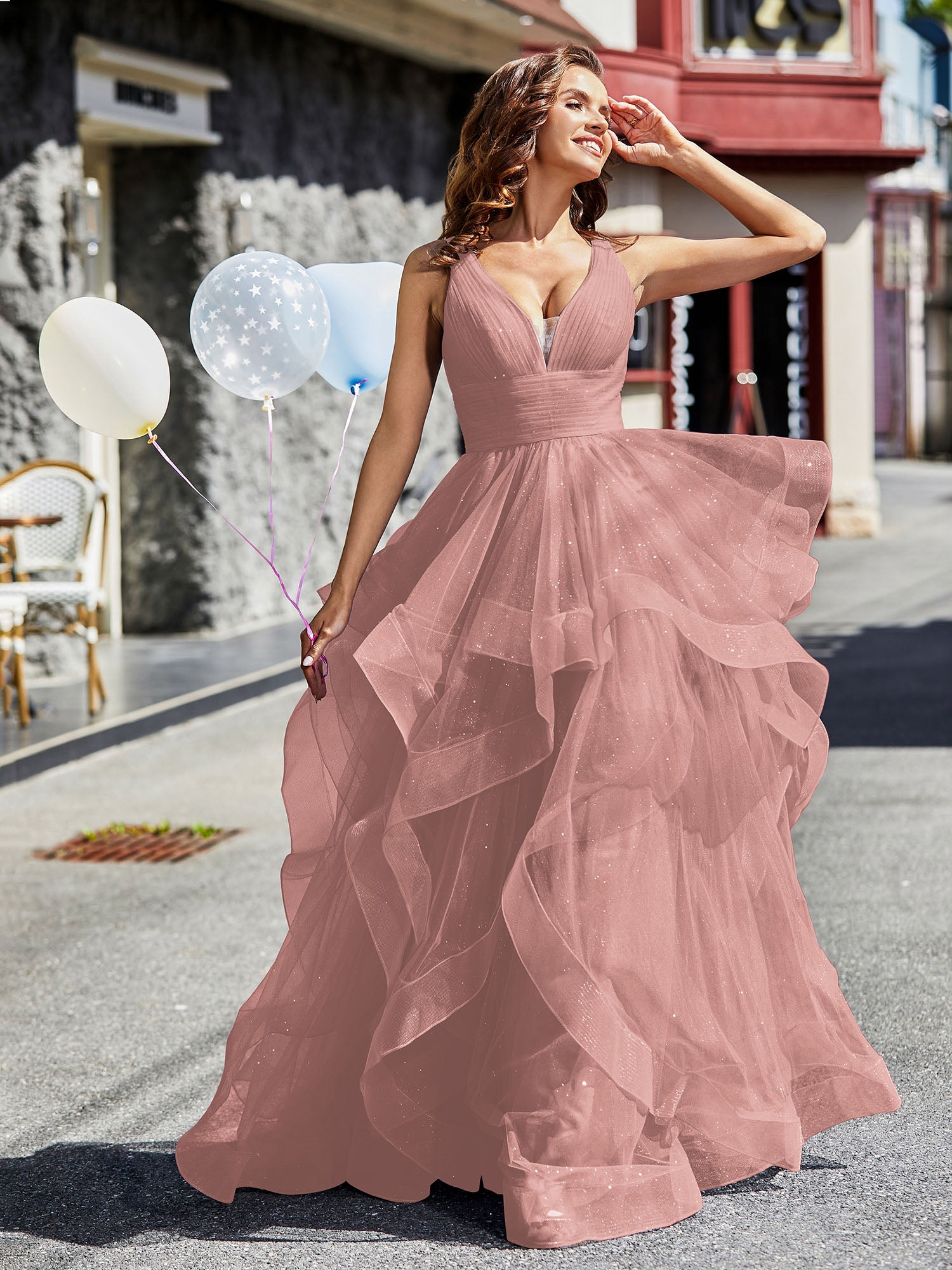 Robe de Soirée Princesse en Tulle à Col en V Longueur au Sol Rose