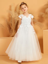 Robe de Fille Ball Gown en Tulle à Appliquées Florales et Col en V