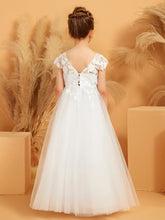 Robe de Fille Ball Gown en Tulle à Appliquées Florales et Col en V