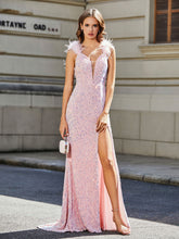 Robe de Soirée Sirène/Trompette avec Traîne Balayage en Paillettes Rose Pâle