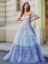 Robe de Soirée Princesse de A-ligne en Tulle avec Traîne Balayage Bleu Poudré