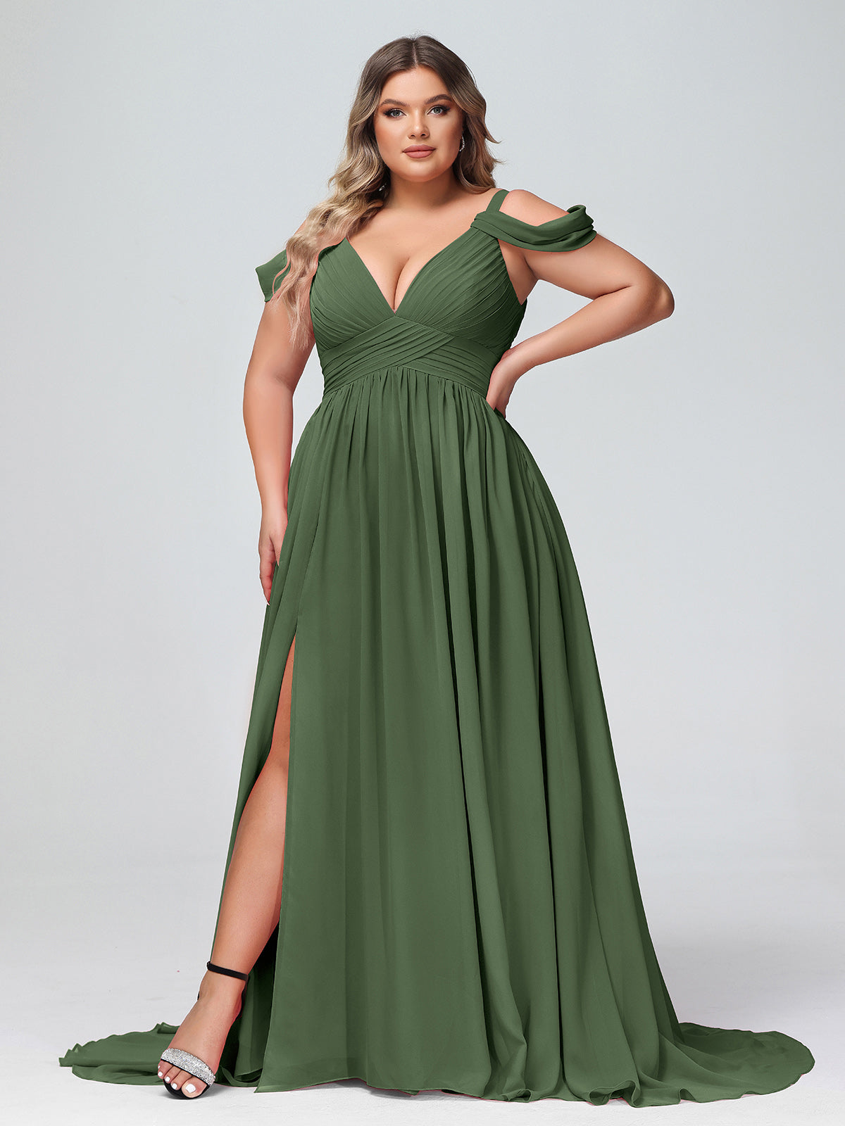 Profond Col en V Sexy Mousseline Robe avec Fente Olive Verte