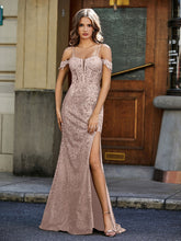 Robe de Soirée Sirène en Paillettes à Hors de l'Épaule Or Métallique