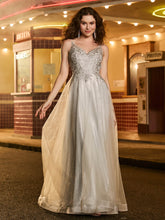 Robe de bal en tulle pailleté ligne A avec perles Champagne