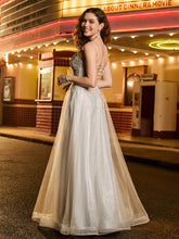 Robe de bal en tulle pailleté ligne A avec perles Champagne