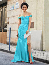 Robe de Soirée en Satin Extensible à Hors de l'Épaule avec Traîne Balayage Jade