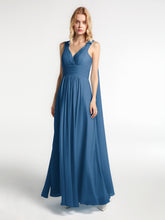 Robe en Mousseline à Col en V avec Bandes à Bretelles Arrière Bleu Encre