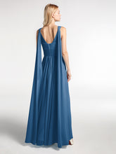 Robe en Mousseline à Col en V avec Bandes à Bretelles Arrière Bleu Encre