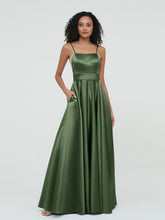A-ligne Bretelles Spaghetti Robes Maxi en Satin Olive Verte