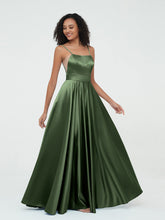 A-ligne Bretelles Spaghetti Robes Maxi en Satin Olive Verte Grande Taille