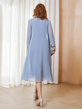 Robe de A-ligne en Mousseline à Manches Longues avec Veste Bleu Poudré