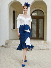 Robe Fourreau à Volants Longueur de Mollet Bleu Marine Clair