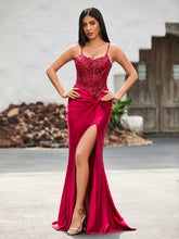 Robe de Soirée Fourreau à Col en V en Satin avec Traîne Balayage Bordeaux