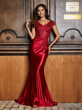 Robe de Soirée Sirène à Col en V en Satin avec Traîne Balayage Bordeaux