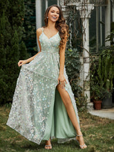 Robe Appliquée Florale à Col en V avec Fente Bleu