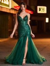 Maxi Robe Trompette Sans Bretelles en Paillettes avec Traîne et Fente Vert Foncé