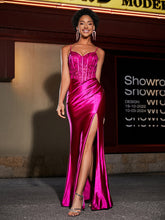 Robe de Soirée en Satin Longueur au Sol à Col en Cœur Fuchsia