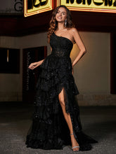 Robe de Soirée de A-ligne à Une Épaule en Tulle avec Traîne Balayage Noir