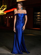 Robe de Soirée en Satin Sirène à Hors de l'Épaule avec Traîne Balayage Bleu Marine Clair