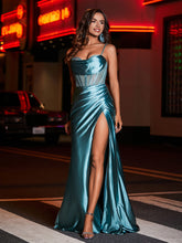 Robe de Soirée Fourreau en Satin avec Traîne Balayage Jade