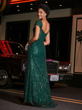 Robe de Soirée en Paillettes à Col en Cœur avec Fente Vert Foncé