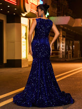 Robe Sirène en Maille Illusion avec Strass et Paillettes Bleu Royale