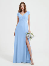 Robe de A-ligne en Mousseline à Col en V avec Fente Bleu Ciel