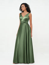 Robes Maxi Princesse à Col en V en Satin avec Poches Olive Verte