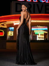 Robe de Soirée Sirène en Satin Bretelles à Spaghetti avec Traîne Balayage Noir