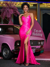 Robe de Soirée Sirène en Satin Bretelles à Spaghetti avec Traîne Balayage Rose Vif