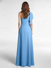 Robe Longue en Mousseline à Une Épaule avec Cascade Bleu