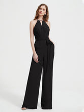 Jumpsuit Plissé Sans Manches à Encolure Licou avec Ceinture Noir