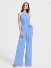 Jumpsuit Plissé Sans Manches à Encolure Licou avec Ceinture Bleu