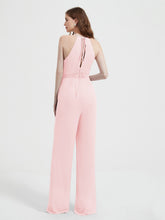 Jumpsuit Plissé Sans Manches à Encolure Licou avec Ceinture Rose Pâle