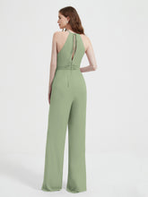Jumpsuit Plissé Sans Manches à Encolure Licou avec Ceinture Sauge Poudrée