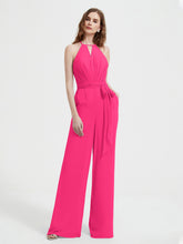 Jumpsuit Plissé Sans Manches à Encolure Licou avec Ceinture Fuchsia